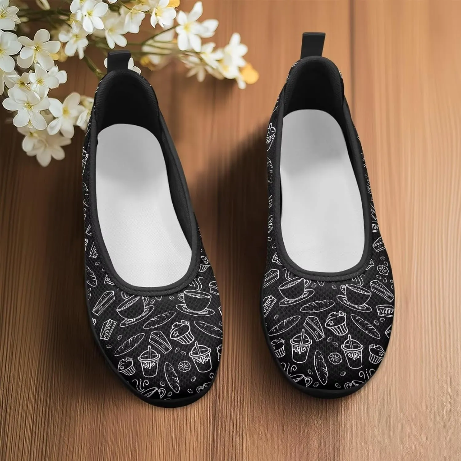 Creative Desserts Print Womens Ballet Flats Dress Shoes Fit Comfort Slip On Ballerina Platform Loafers Lightweight Mesh Soft Casual Sneakers Daily Wear
