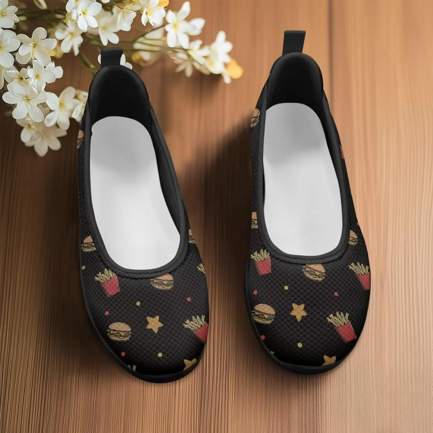 Creative Desserts Print Womens Ballet Flats Dress Shoes Fit Comfort Slip On Ballerina Platform Loafers Lightweight Mesh Soft Casual Sneakers Daily Wear
