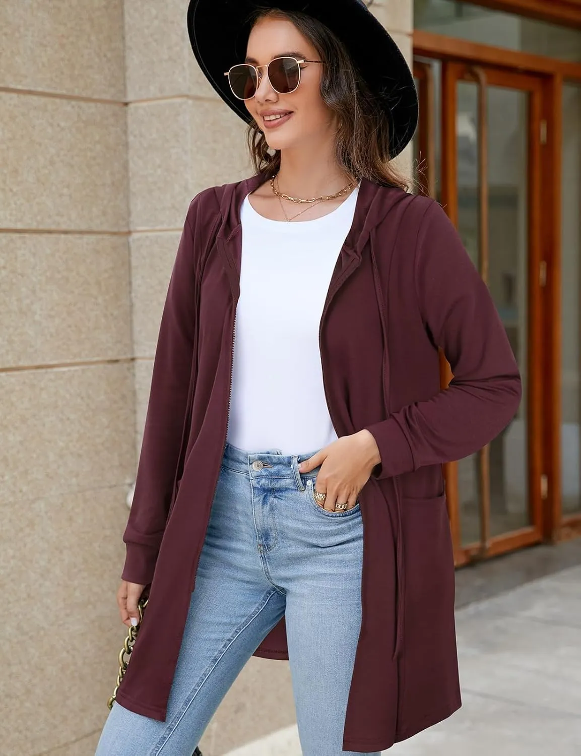 Cucuchy Style Womens Long Hoodies Casual Zip Up Tunic Sweatshirt Open Front Cardigan