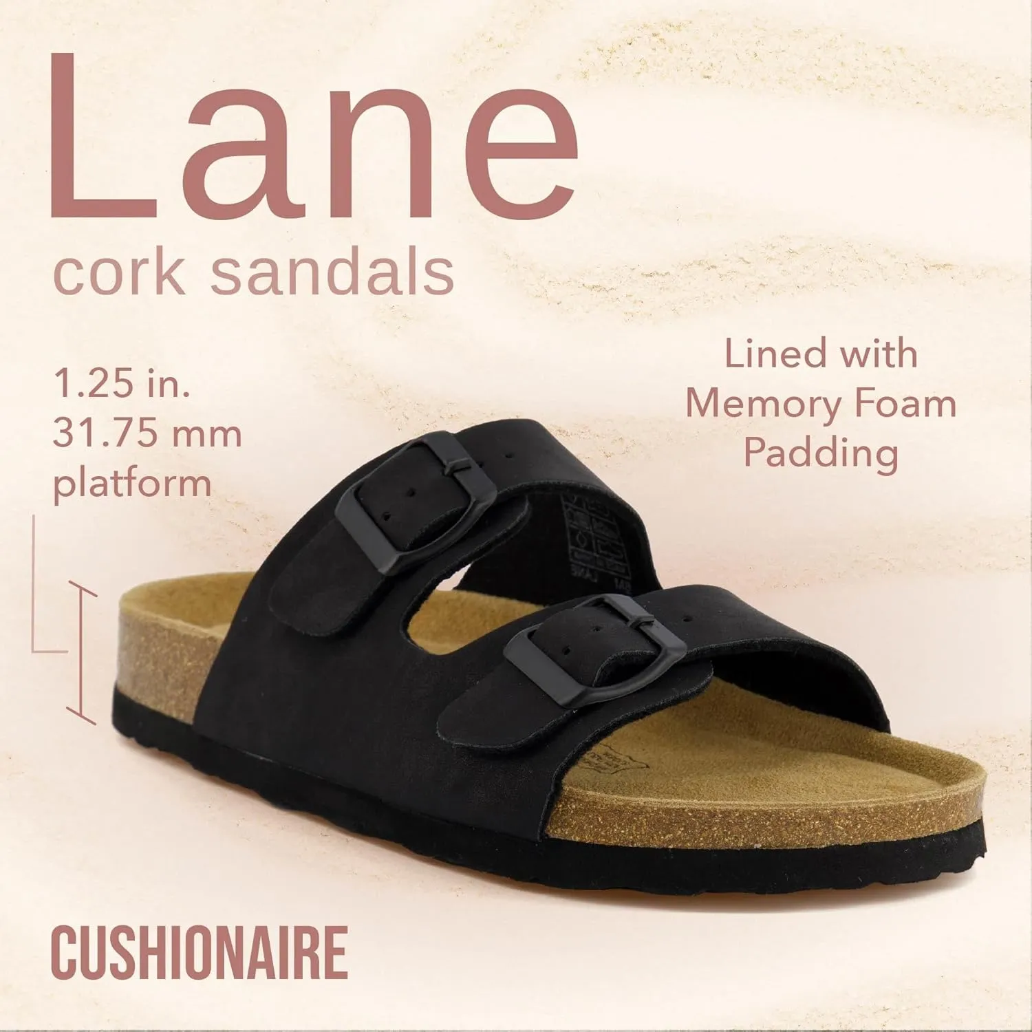 CUSHIONAIRE Lane Cork Footbed Sandals for Women – Comfortable Double Buckle Slip-On with Genuine Suede Footbed & Arch Support Slides for Women Footwear