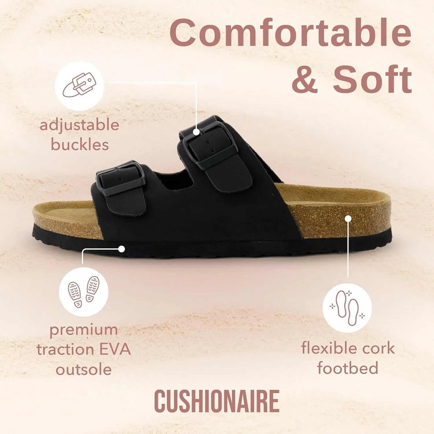 CUSHIONAIRE Lane Cork Footbed Sandals for Women – Comfortable Double Buckle Slip-On with Genuine Suede Footbed & Arch Support Slides for Women Footwear