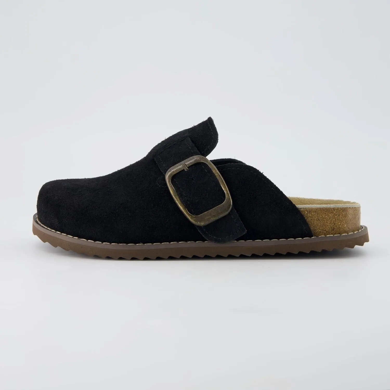 CUSHIONAIRE Women's Blain Genuine Suede Slip-On Clogs with   Memory Foam & Chic Buckle Mule - Comfortable, Non-Slip, Wide Widths Available