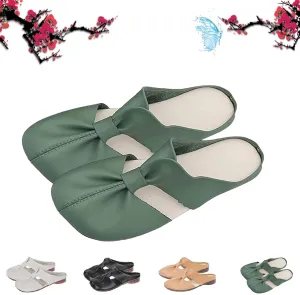 Cut Out Design Flat Mules for Women,2024 New Round Toe Flat Mules & Clogs with Bow, Casual All-Match Hollow Non-Slip Slippers