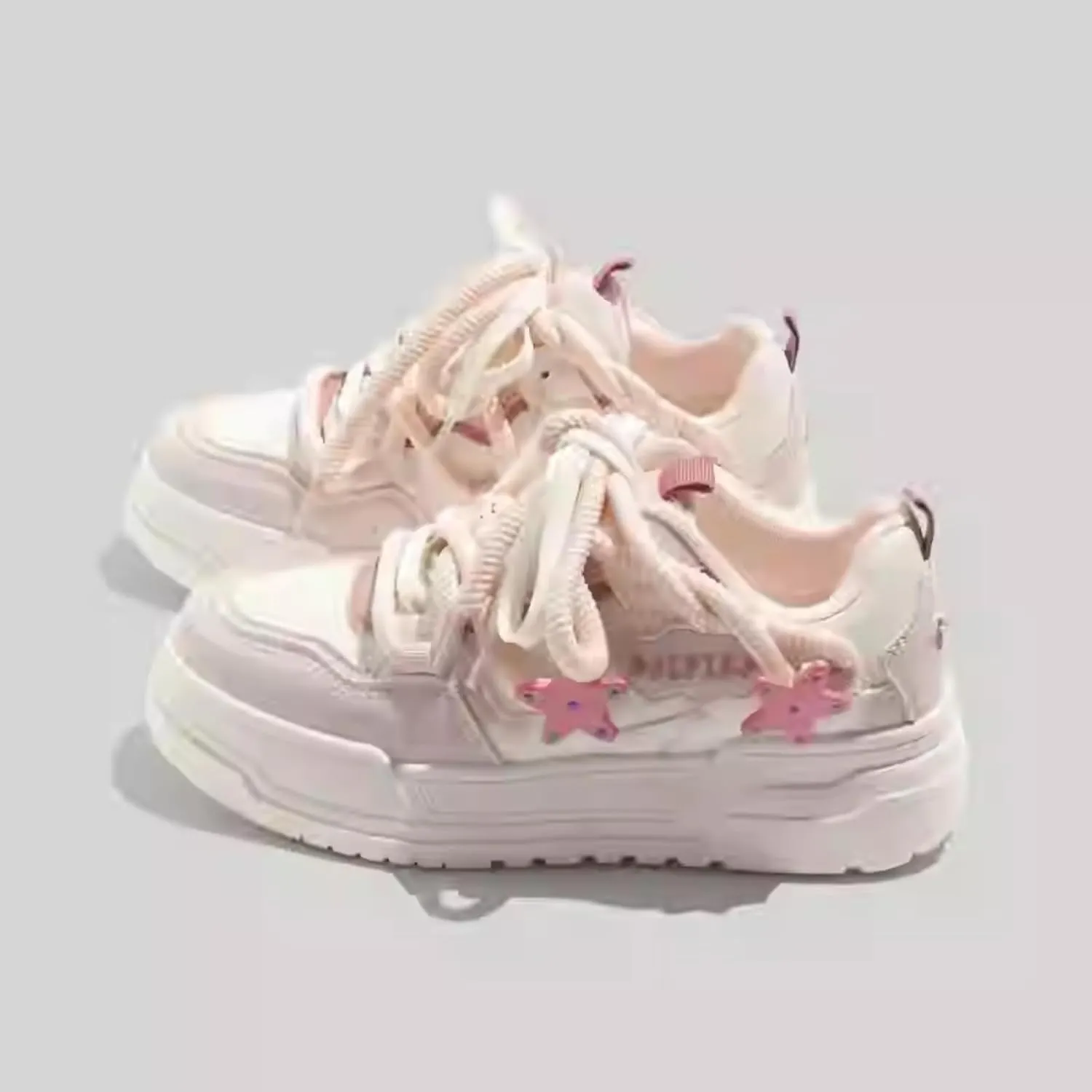Cute Star Walking Sneakers for Women Macaron Colors Regular & Upgraded Versions Rubber Thick Sole Height Increase Lace Up Walking Shoes