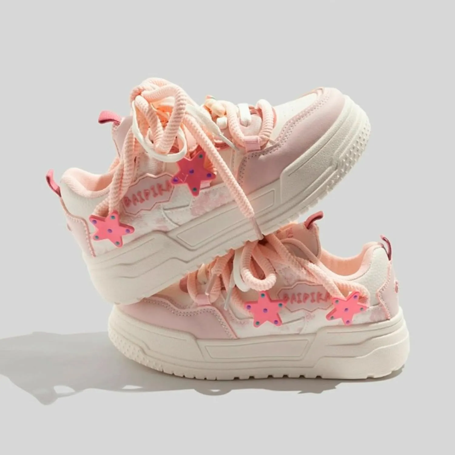 Cute Star Walking Sneakers for Women Macaron Colors Regular & Upgraded Versions Rubber Thick Sole Height Increase Lace Up Walking Shoes