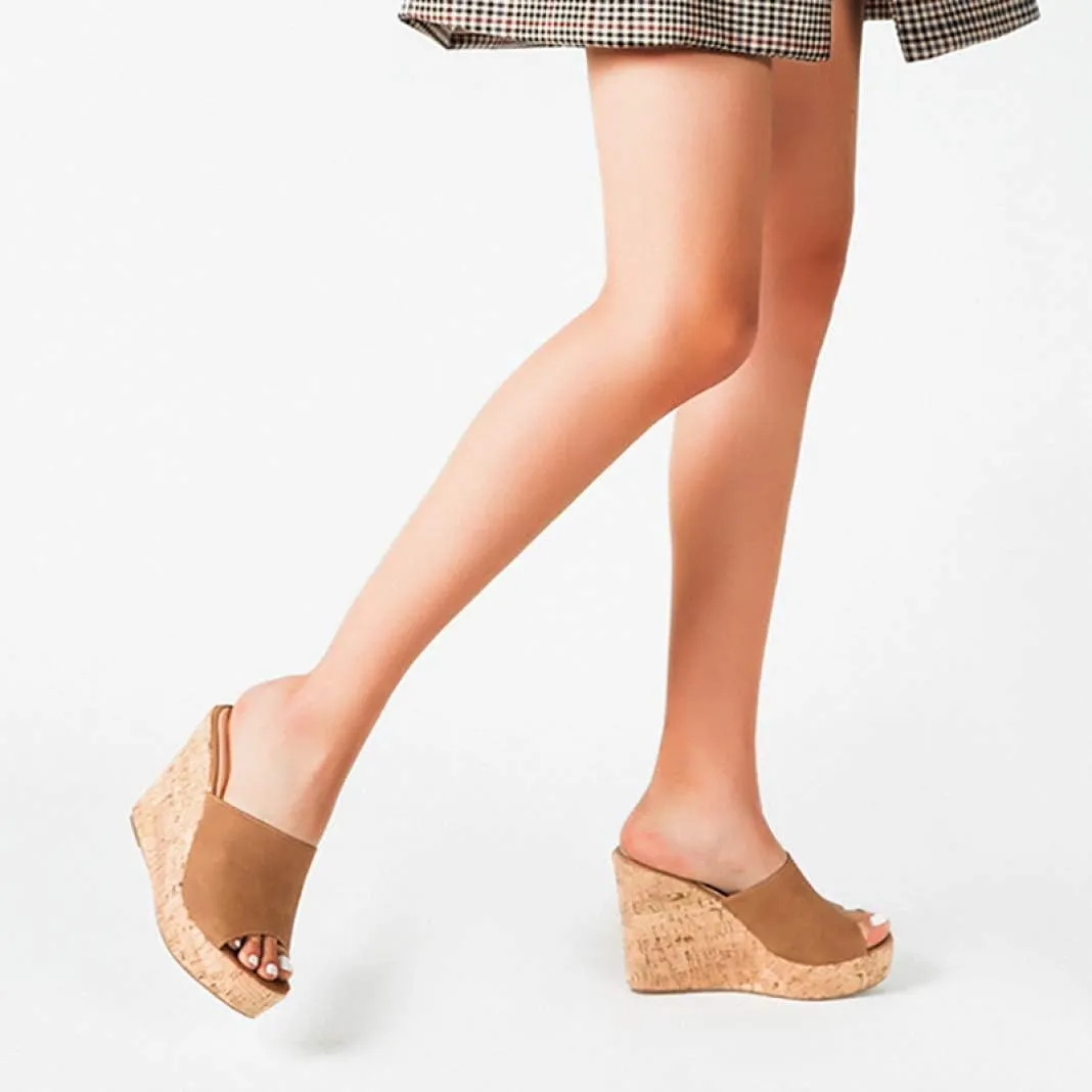 CYBLING Women's Peep Toe Cork Wedge Mules Platform Slides Slip On High Heel Dress Sandals