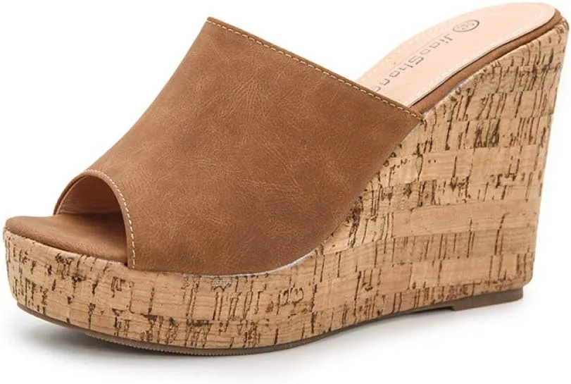 CYBLING Women's Peep Toe Cork Wedge Mules Platform Slides Slip On High Heel Dress Sandals