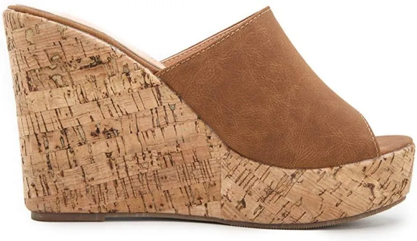 CYBLING Women's Peep Toe Cork Wedge Mules Platform Slides Slip On High Heel Dress Sandals