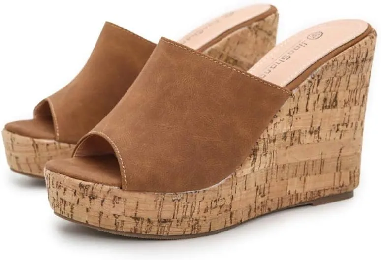 CYBLING Women's Peep Toe Cork Wedge Mules Platform Slides Slip On High Heel Dress Sandals