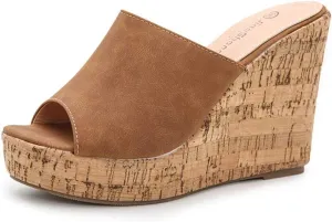 CYBLING Women's Peep Toe Cork Wedge Mules Platform Slides Slip On High Heel Dress Sandals