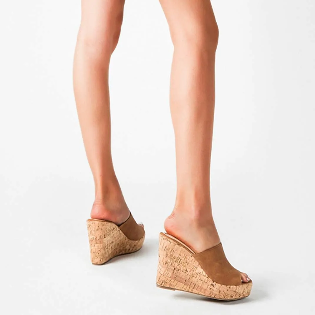 CYBLING Women's Peep Toe Cork Wedge Mules Platform Slides Slip On High Heel Dress Sandals
