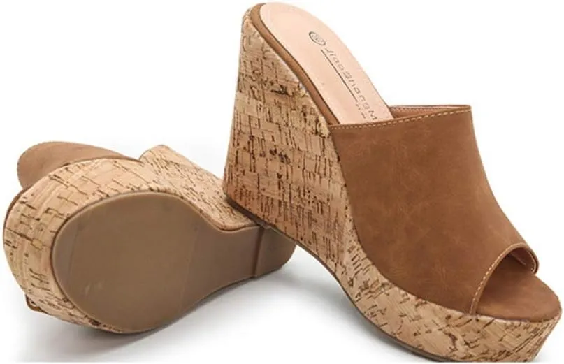 CYBLING Women's Peep Toe Cork Wedge Mules Platform Slides Slip On High Heel Dress Sandals