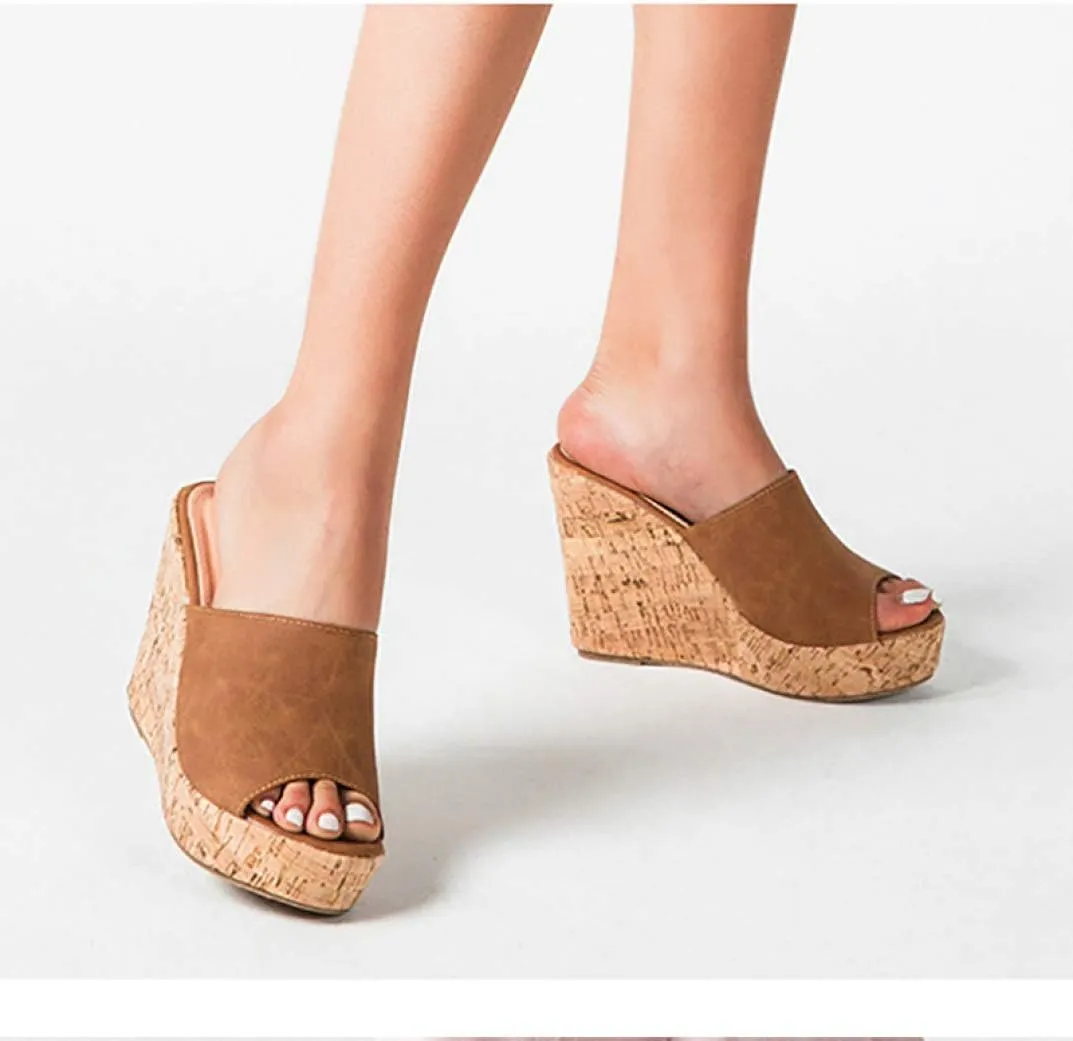 CYBLING Women's Peep Toe Cork Wedge Mules Platform Slides Slip On High Heel Dress Sandals