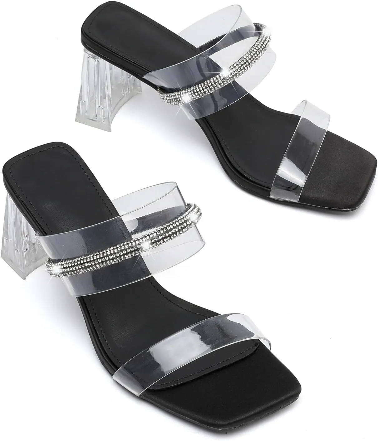 DADAWEN Women's Square Toe Clear Two Strap Open Toe Low Block Chunky Slip on Heels Sandals for Women Dressy