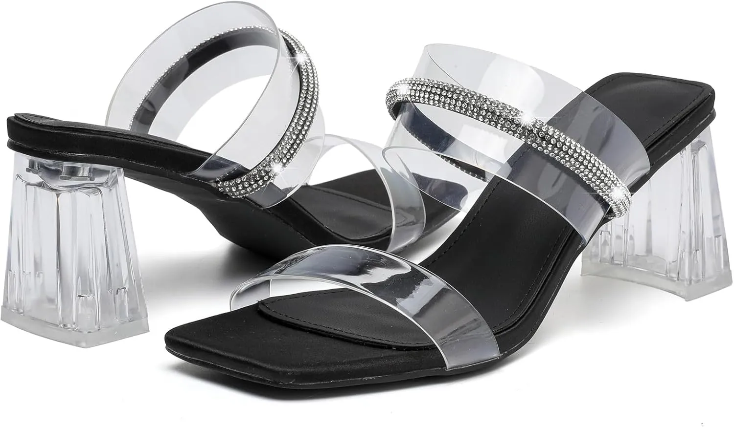 DADAWEN Women's Square Toe Clear Two Strap Open Toe Low Block Chunky Slip on Heels Sandals for Women Dressy