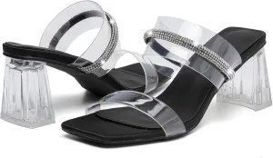 DADAWEN Women's Square Toe Clear Two Strap Open Toe Low Block Chunky Slip on Heels Sandals for Women Dressy