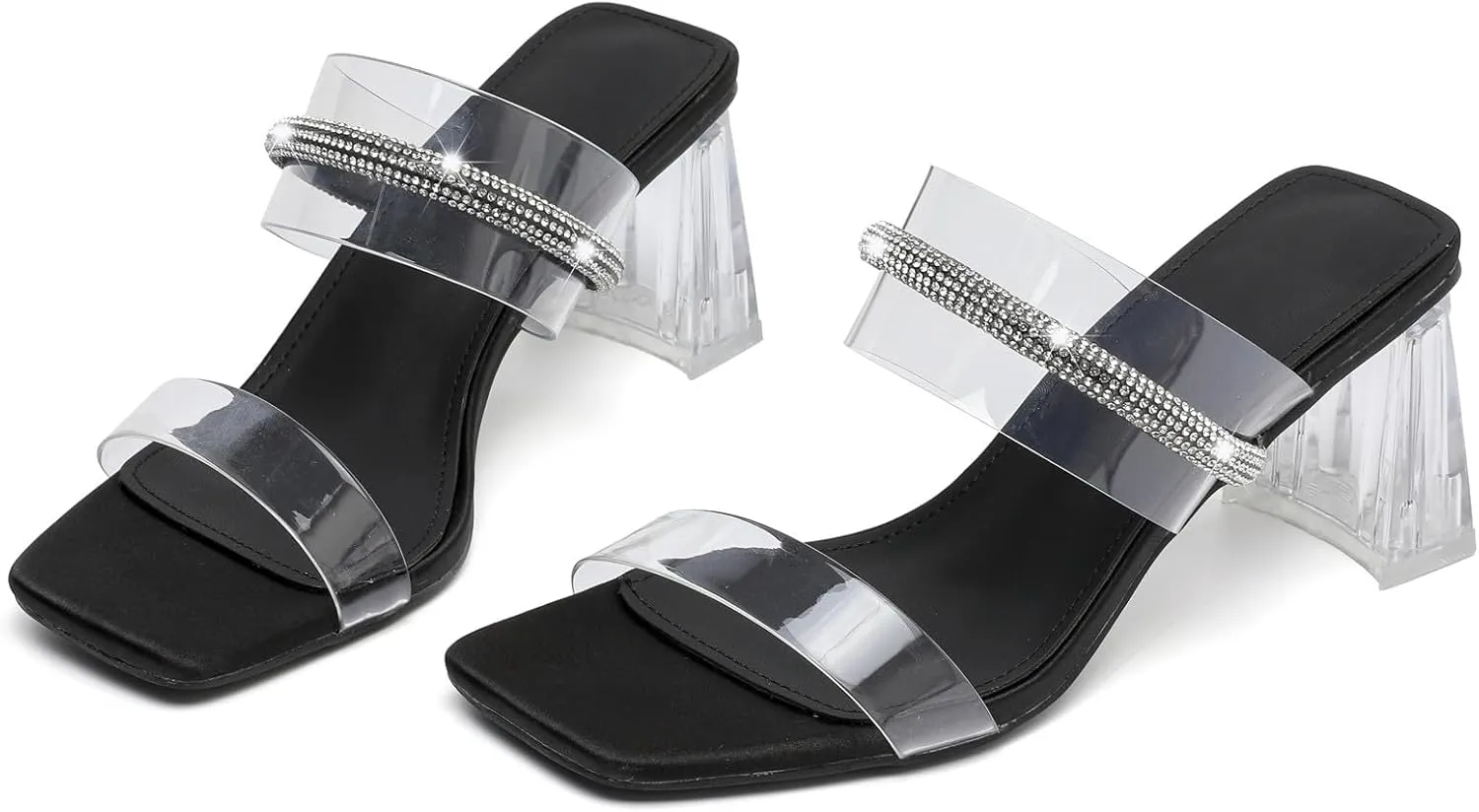 DADAWEN Women's Square Toe Clear Two Strap Open Toe Low Block Chunky Slip on Heels Sandals for Women Dressy