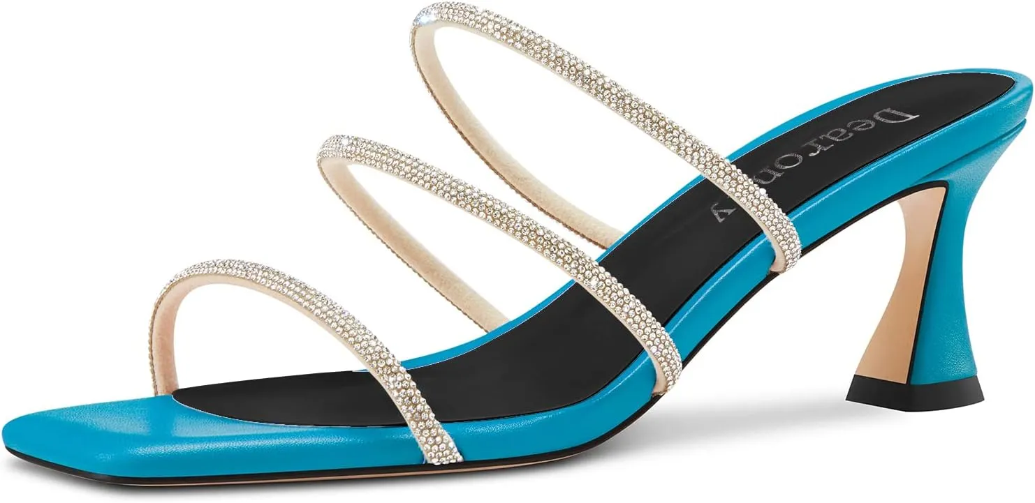 DearOnly Womens Mid Kitten Heel Peep Open Square Toe Mules Shoes Slip-on Rhinestone Crystal Prom Dress Summer Shoes