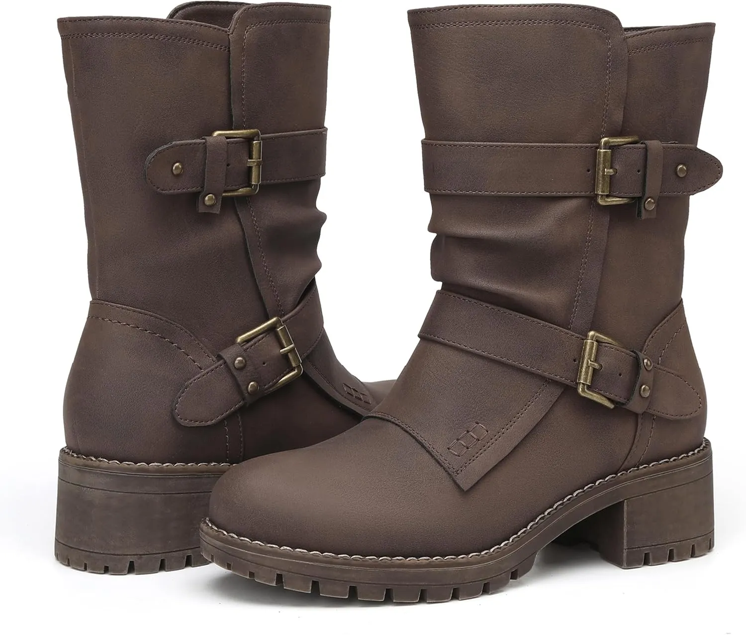 DECARSDZ Women's Motorcycle Boots Mid Calf PU Leather Biker Boots - Stylish Women's Black Brown Riding Boots for Motorcycle, Combat, and Festival