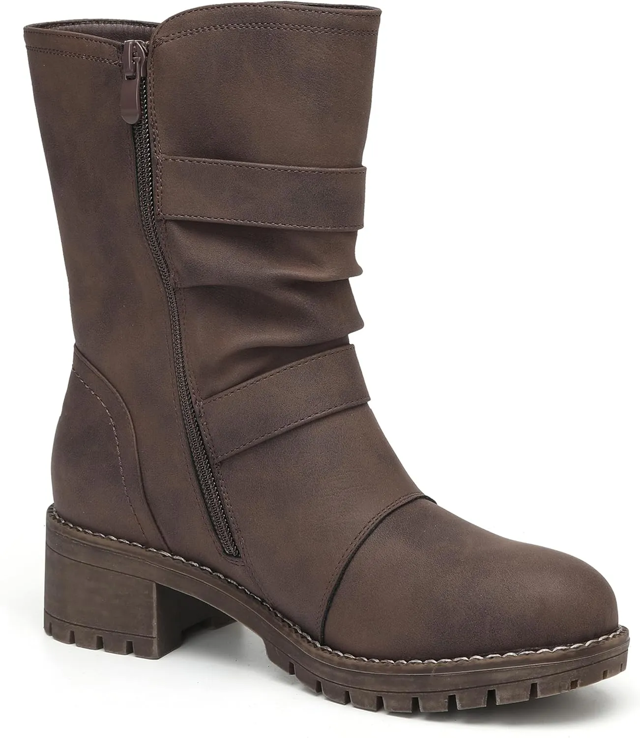 DECARSDZ Women's Motorcycle Boots Mid Calf PU Leather Biker Boots - Stylish Women's Black Brown Riding Boots for Motorcycle, Combat, and Festival