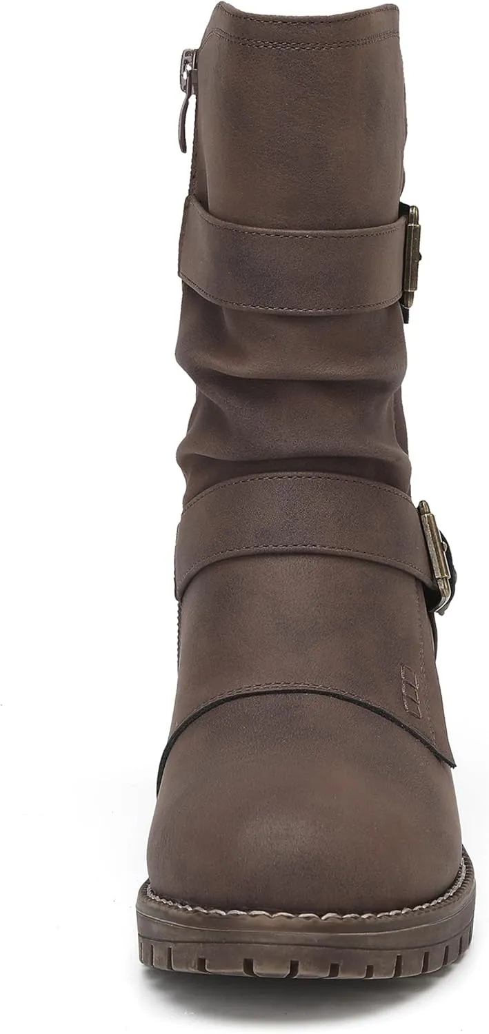 DECARSDZ Women's Motorcycle Boots Mid Calf PU Leather Biker Boots - Stylish Women's Black Brown Riding Boots for Motorcycle, Combat, and Festival