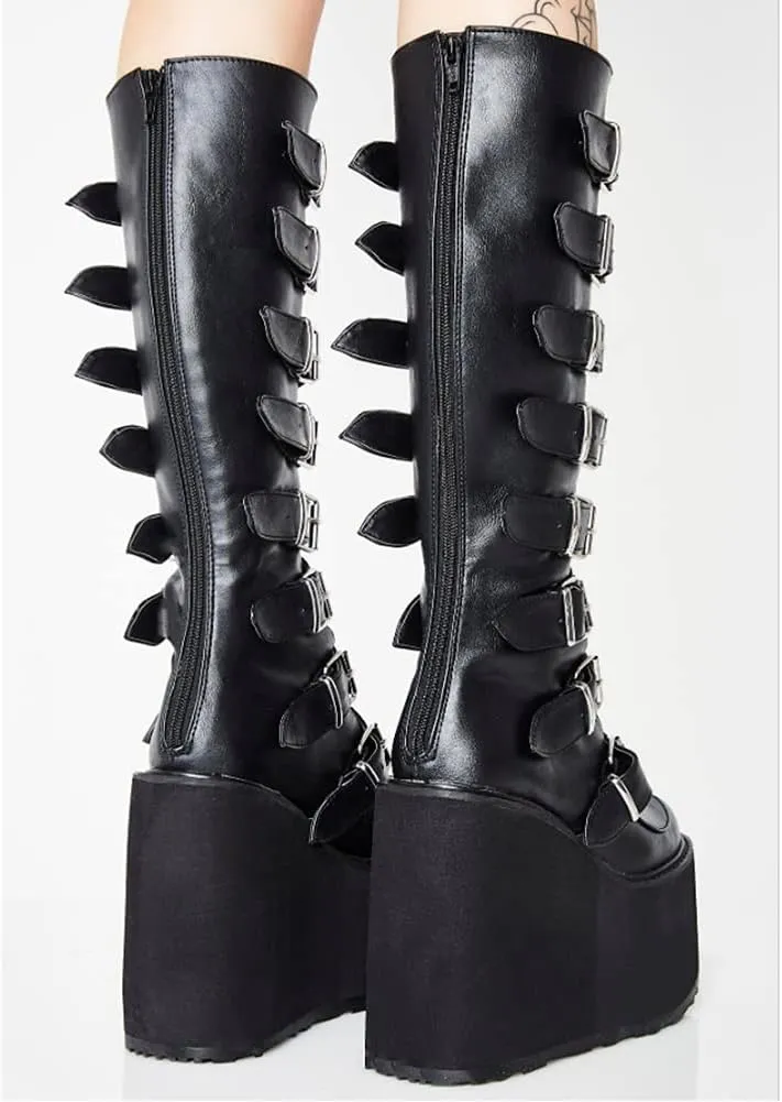DETOGNI Women's punk goth platform boots Buckle Straps Back Zipper gothic boots Ladies Rivets Metal Decoration Long Boots knee high Tall Boots Combat Boots