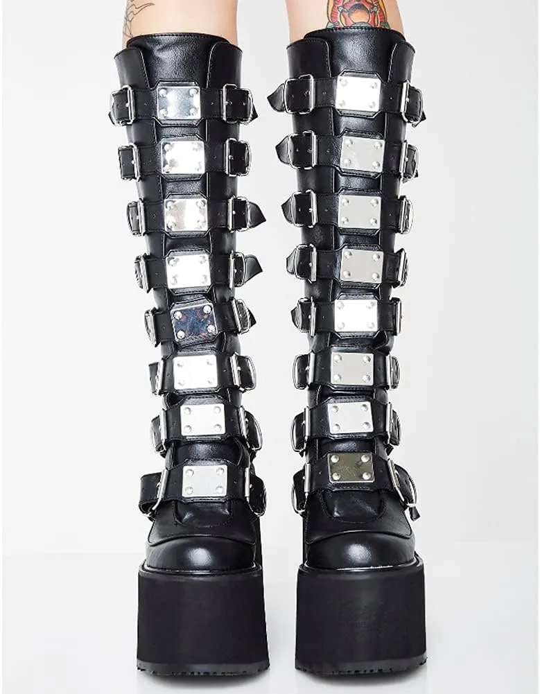 DETOGNI Women's punk goth platform boots Buckle Straps Back Zipper gothic boots Ladies Rivets Metal Decoration Long Boots knee high Tall Boots Combat Boots