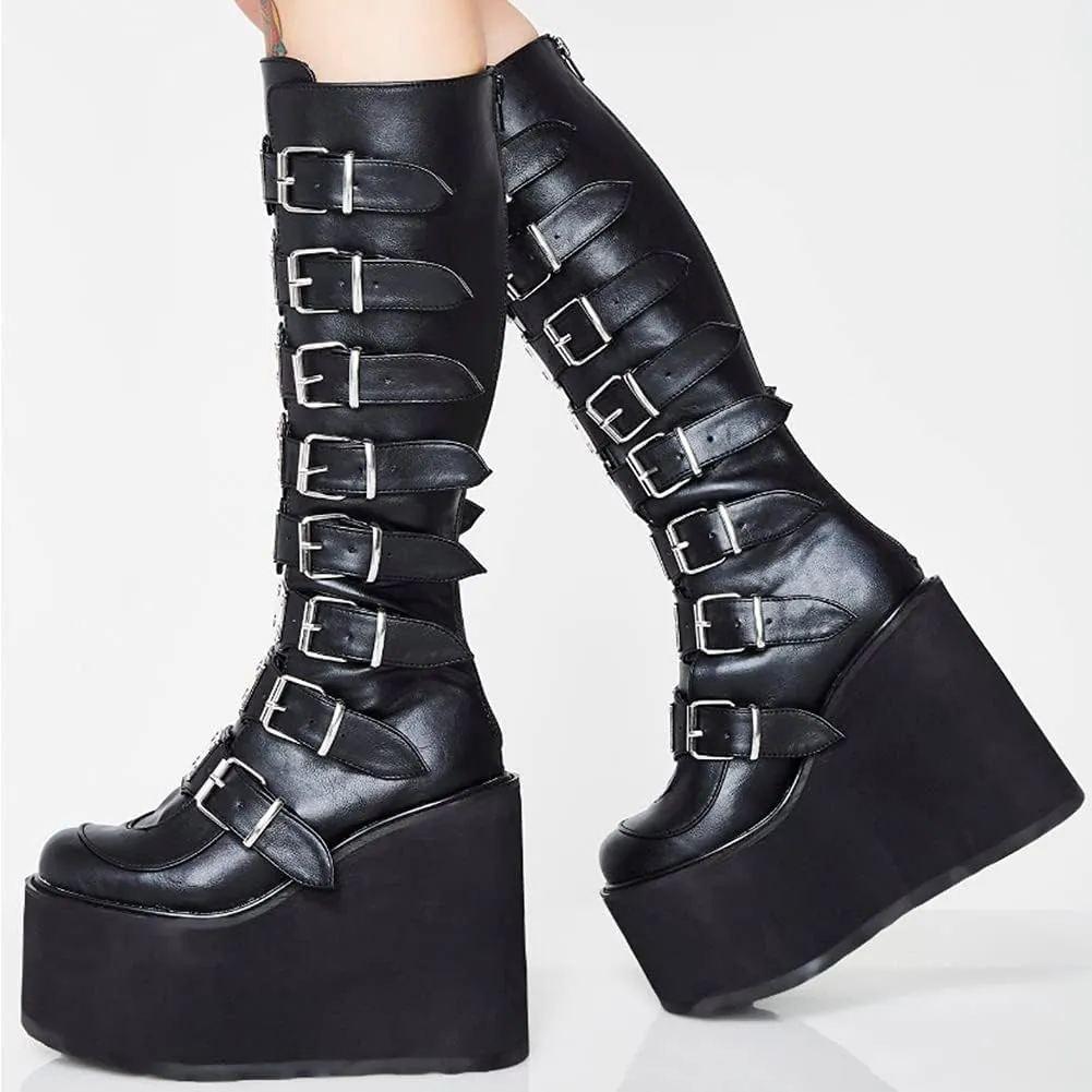 DETOGNI Women's punk goth platform boots Buckle Straps Back Zipper gothic boots Ladies Rivets Metal Decoration Long Boots knee high Tall Boots Combat Boots