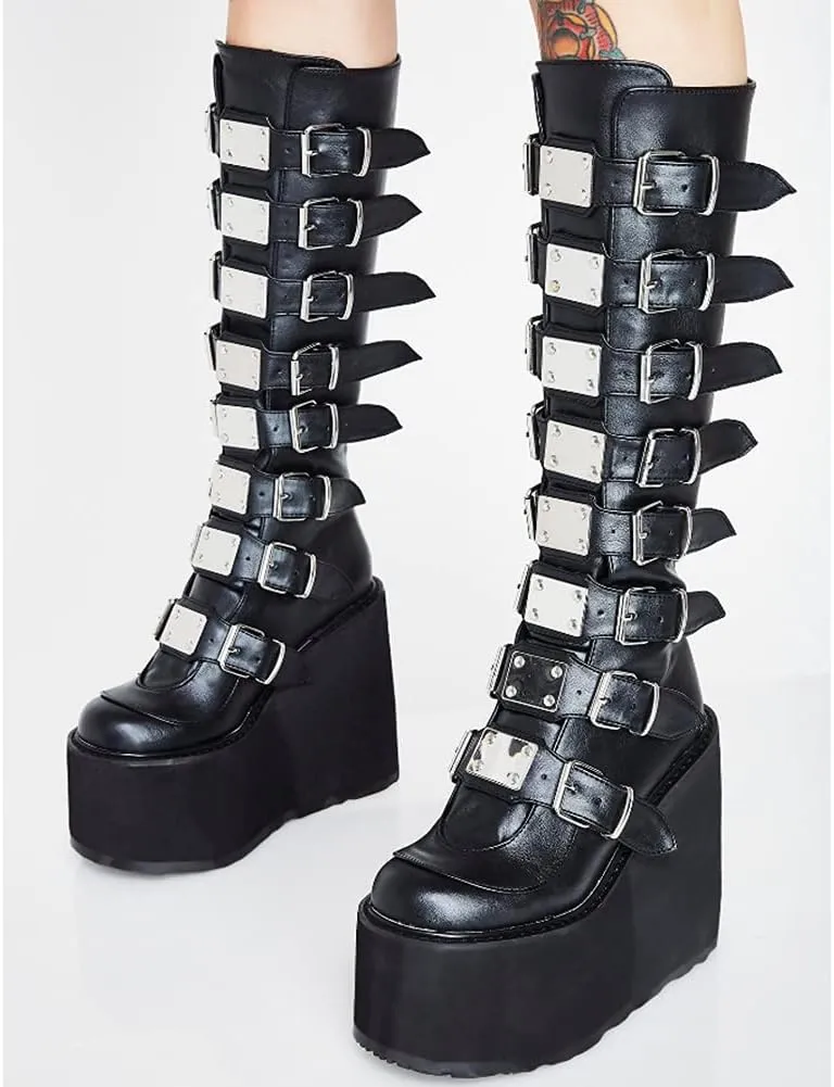 DETOGNI Women's punk goth platform boots Buckle Straps Back Zipper gothic boots Ladies Rivets Metal Decoration Long Boots knee high Tall Boots Combat Boots