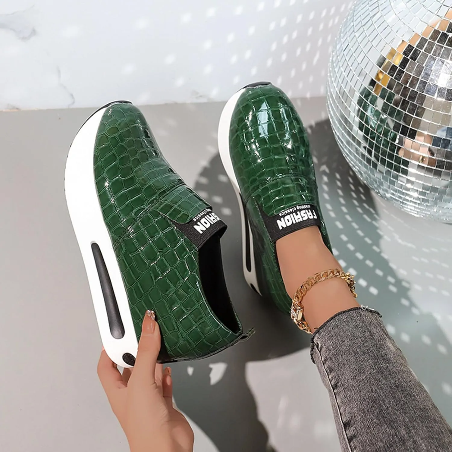 DIYCAM Snakeskin Platform Sneakers for Women Round Toe Slip On Classic Wedge Heel Loafers Sneaker Comfortable Work Casual Shoes 2024