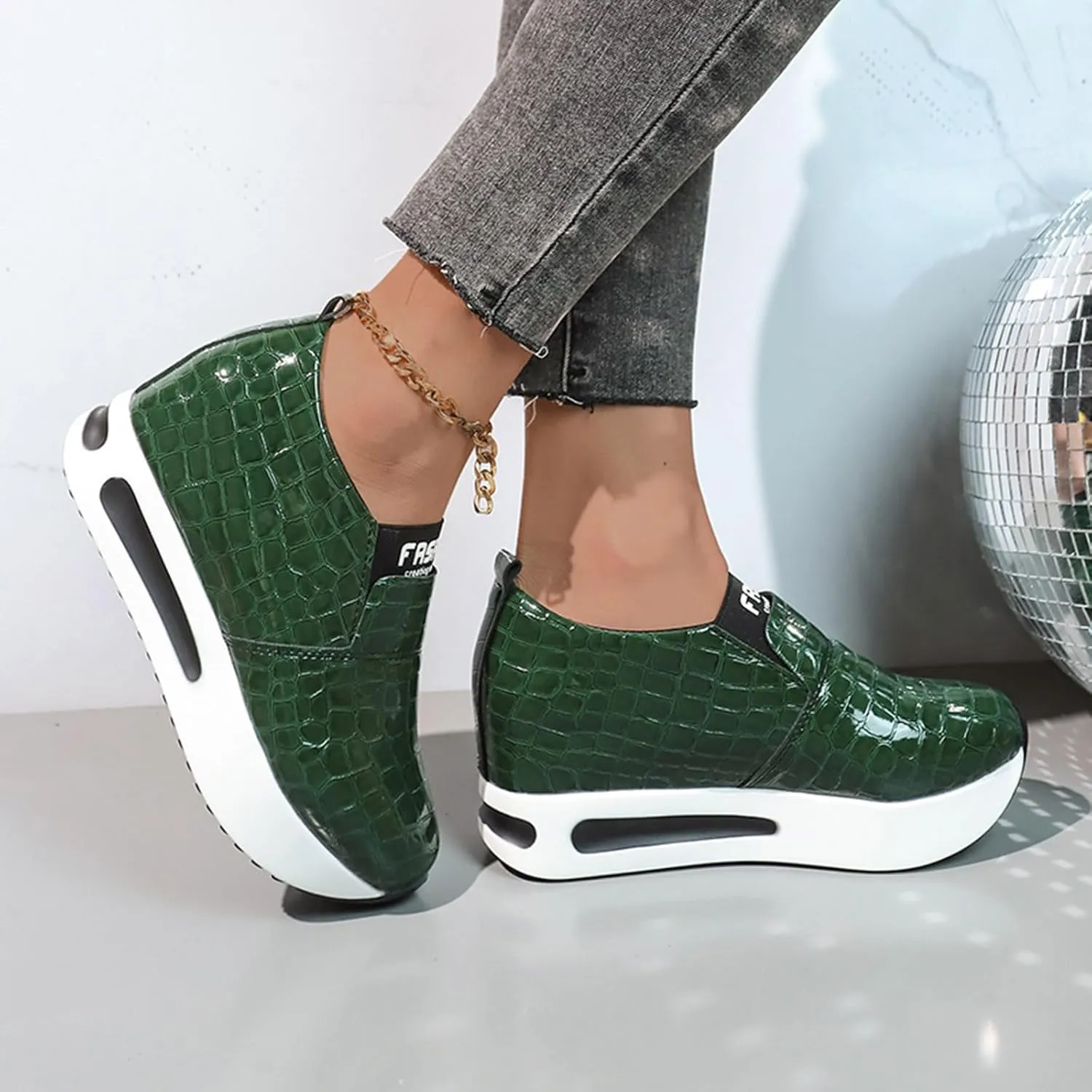 DIYCAM Snakeskin Platform Sneakers for Women Round Toe Slip On Classic Wedge Heel Loafers Sneaker Comfortable Work Casual Shoes 2024