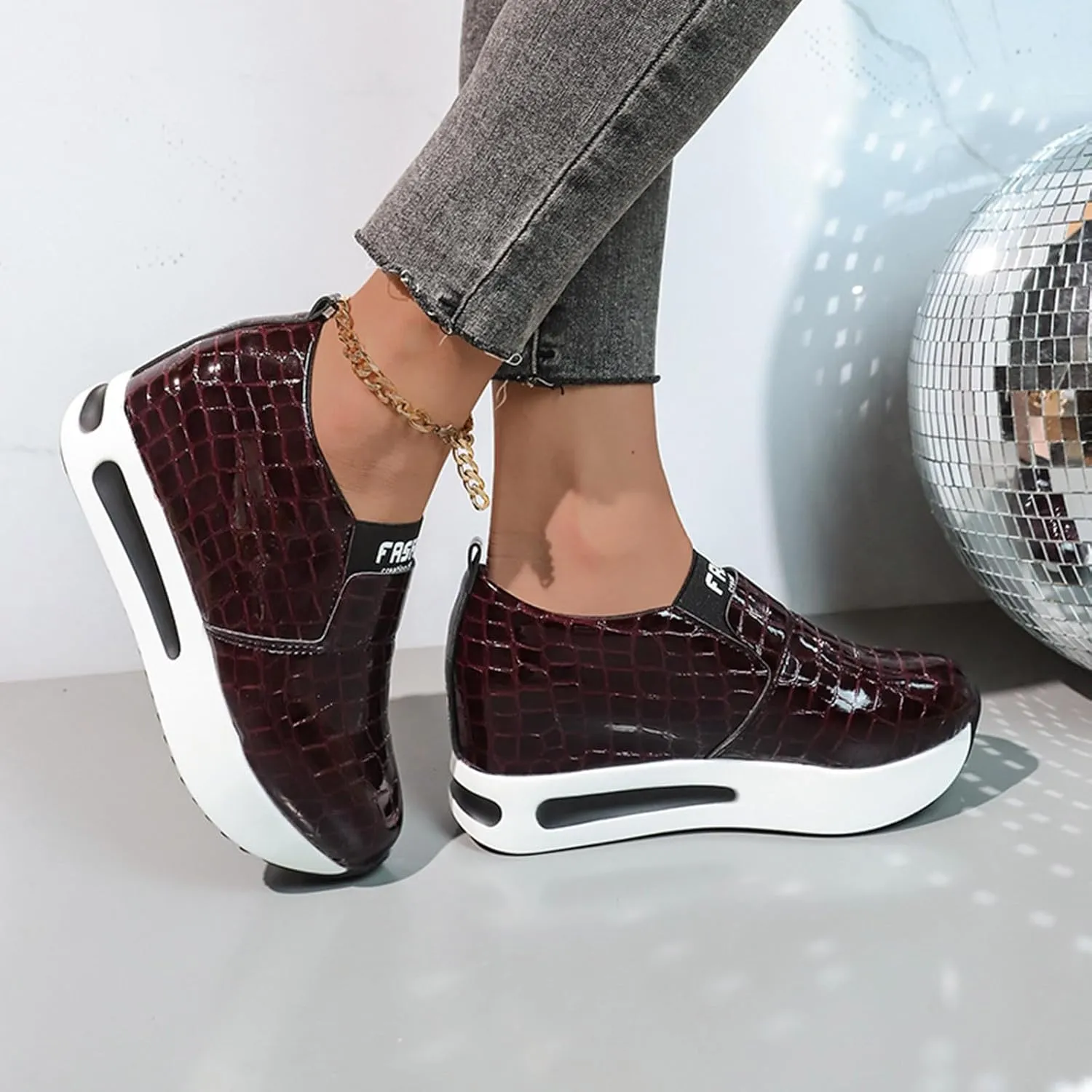 DIYCAM Snakeskin Platform Sneakers for Women Round Toe Slip On Classic Wedge Heel Loafers Sneaker Comfortable Work Casual Shoes 2024