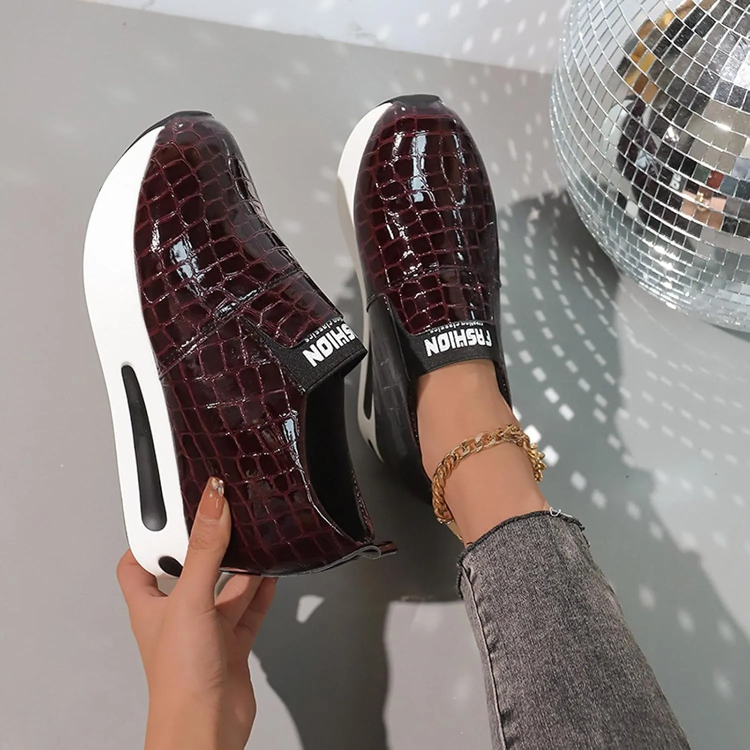 DIYCAM Snakeskin Platform Sneakers for Women Round Toe Slip On Classic Wedge Heel Loafers Sneaker Comfortable Work Casual Shoes 2024