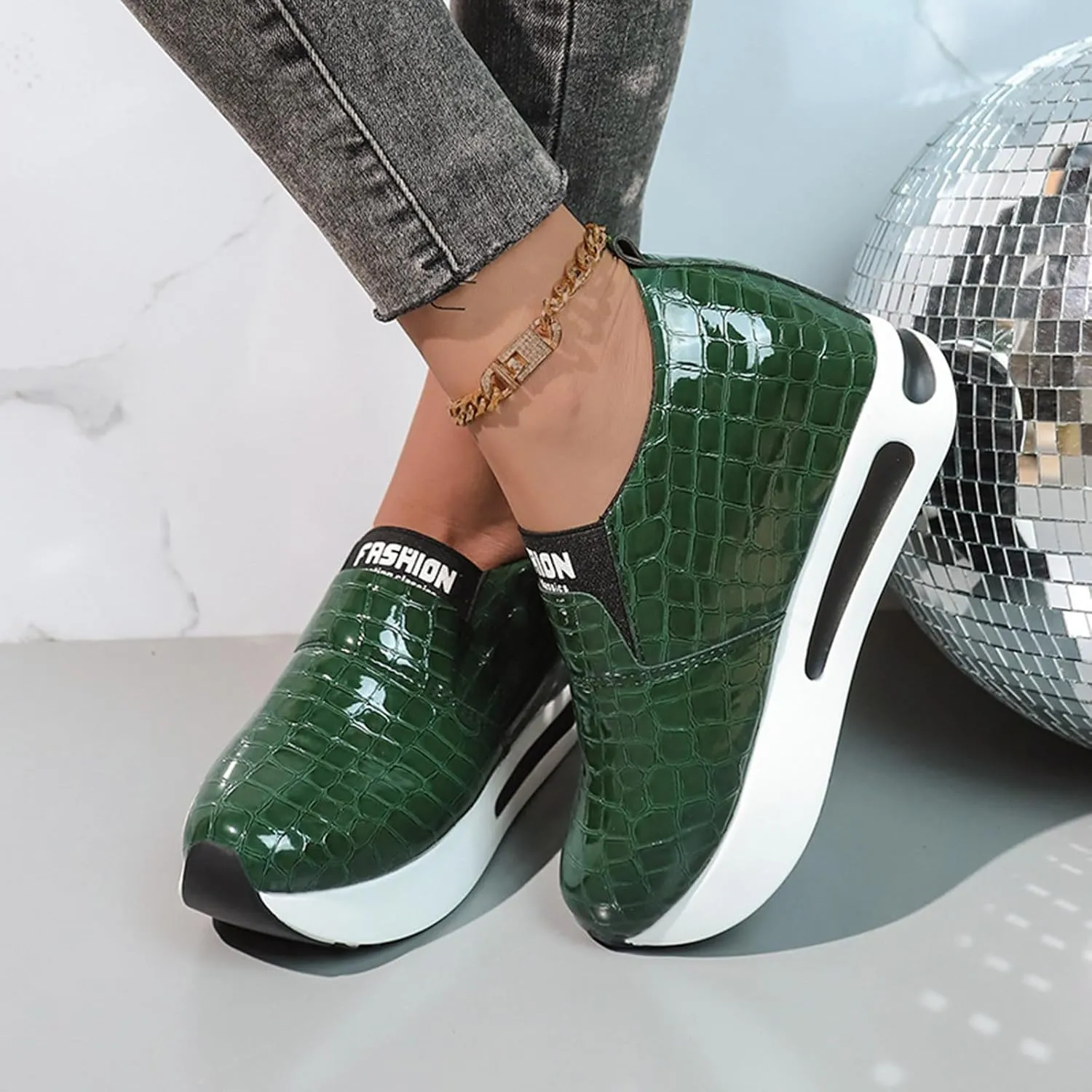 DIYCAM Snakeskin Platform Sneakers for Women Round Toe Slip On Classic Wedge Heel Loafers Sneaker Comfortable Work Casual Shoes 2024