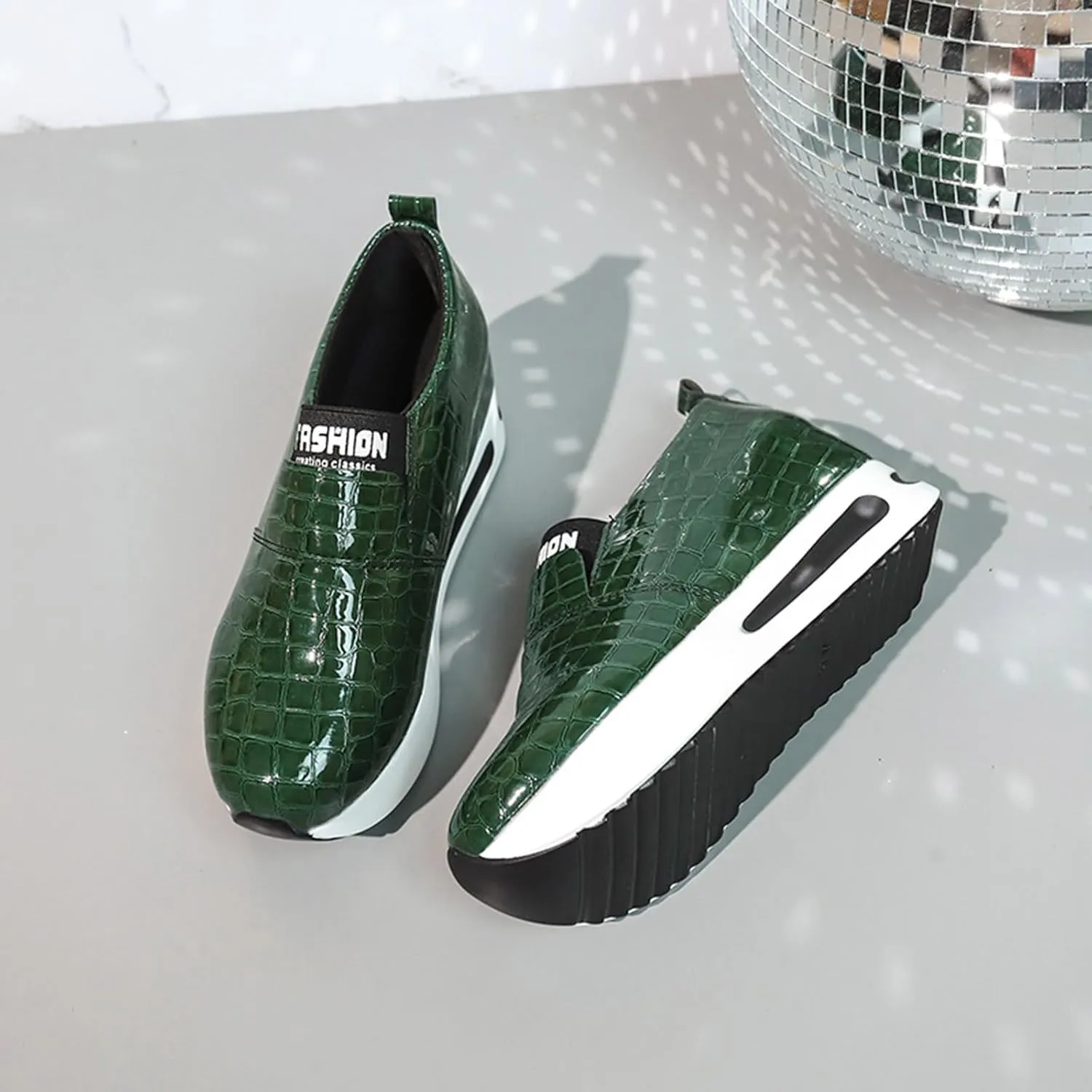 DIYCAM Snakeskin Platform Sneakers for Women Round Toe Slip On Classic Wedge Heel Loafers Sneaker Comfortable Work Casual Shoes 2024