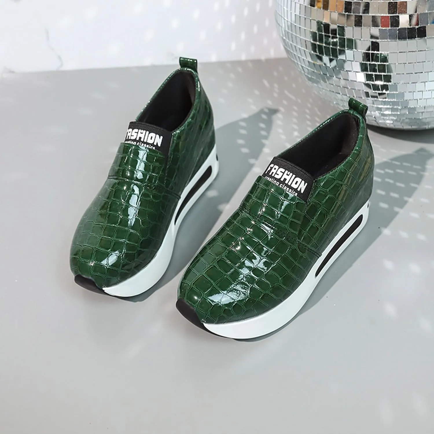 DIYCAM Snakeskin Platform Sneakers for Women Round Toe Slip On Classic Wedge Heel Loafers Sneaker Comfortable Work Casual Shoes 2024