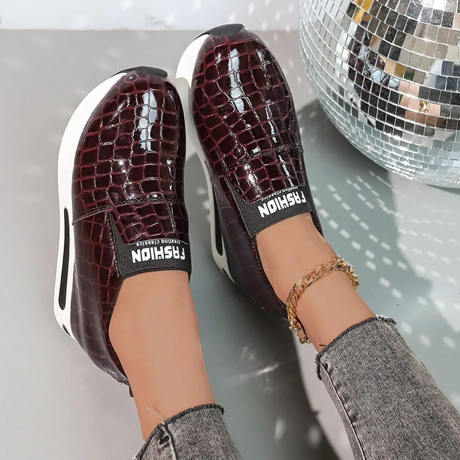 DIYCAM Snakeskin Platform Sneakers for Women Round Toe Slip On Classic Wedge Heel Loafers Sneaker Comfortable Work Casual Shoes 2024