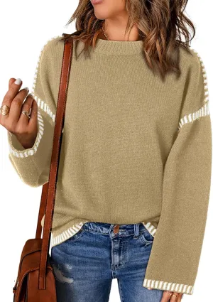 Dokotoo Sweaters for Women Fashion Solid Crewneck Loose Fit Long Sleeve Contrast Cable Knit Pullover Sweater Jumper Tops