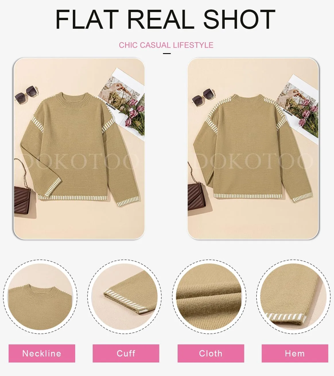 Dokotoo Sweaters for Women Fashion Solid Crewneck Loose Fit Long Sleeve Contrast Cable Knit Pullover Sweater Jumper Tops