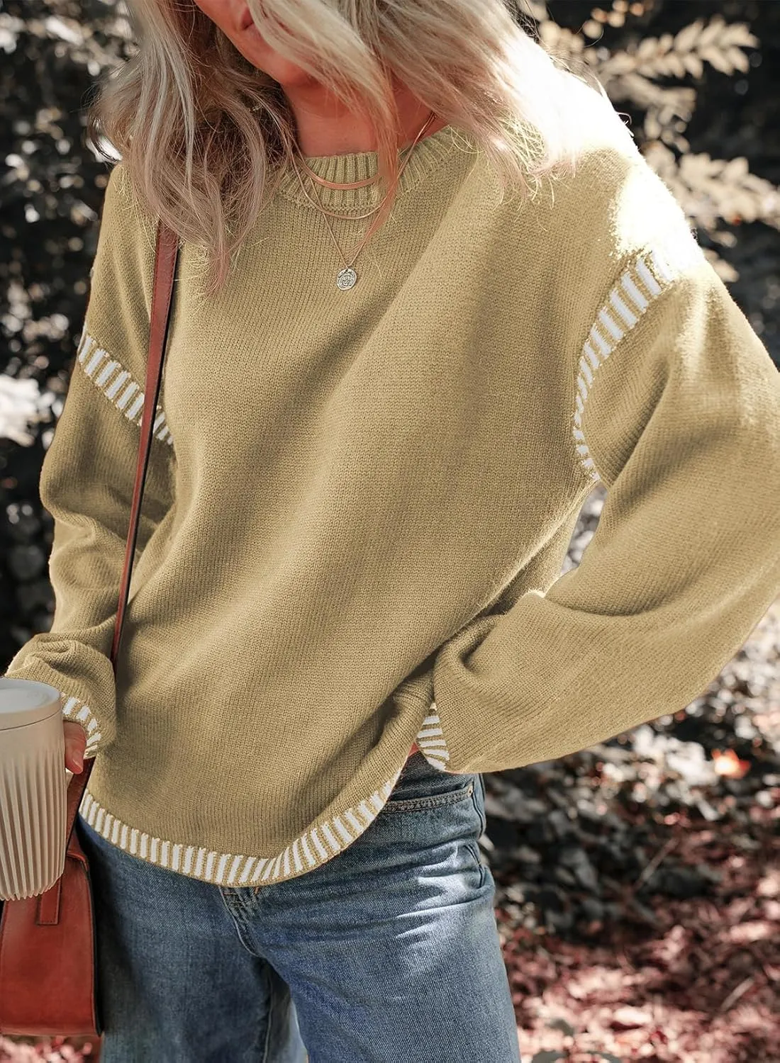 Dokotoo Sweaters for Women Fashion Solid Crewneck Loose Fit Long Sleeve Contrast Cable Knit Pullover Sweater Jumper Tops