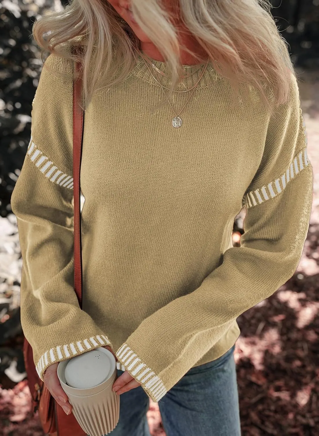 Dokotoo Sweaters for Women Fashion Solid Crewneck Loose Fit Long Sleeve Contrast Cable Knit Pullover Sweater Jumper Tops