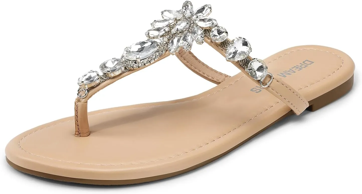 DREAM PAIRS Flip Flops for Women Dressy Rhinestone T-Strap Thong Sandals for Summers Dress Beach