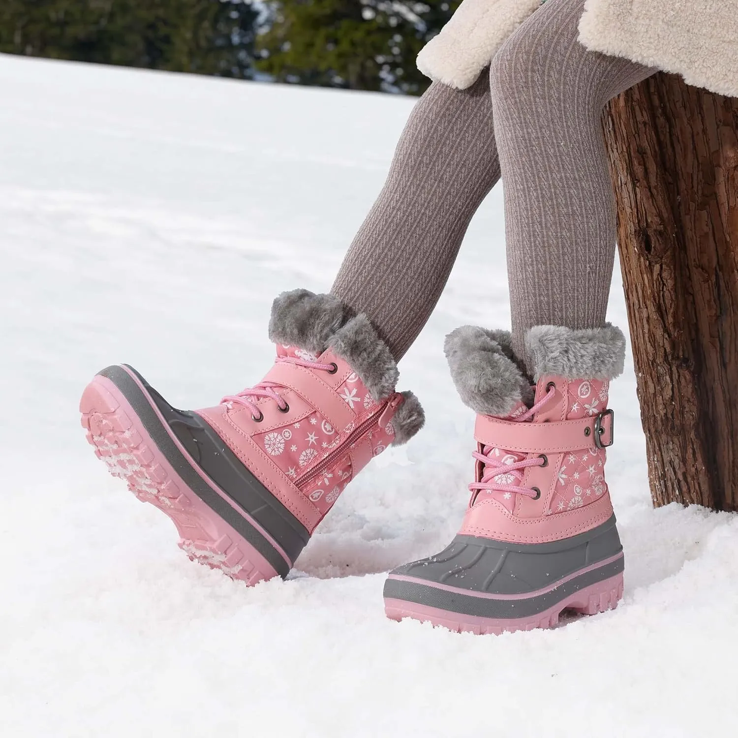 DREAM PAIRS Girls Boys Snow Boots Water-Resistant Outdoor Warm Cozy Anti-Slip Mid Calf Faux Fur Lining Winter Shoes for Little/Big Kids