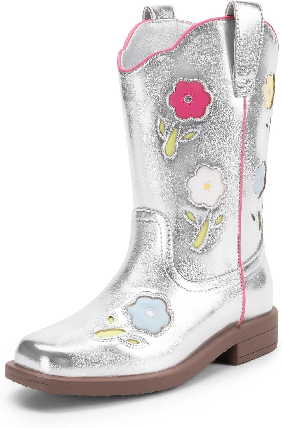 DREAM PAIRS Girls Cowgirl Boots Kids Mid Calf Western Boots Flower Cowboy Boots Square Toe Riding Shoes for Toddler/Little Kid/Big Kid