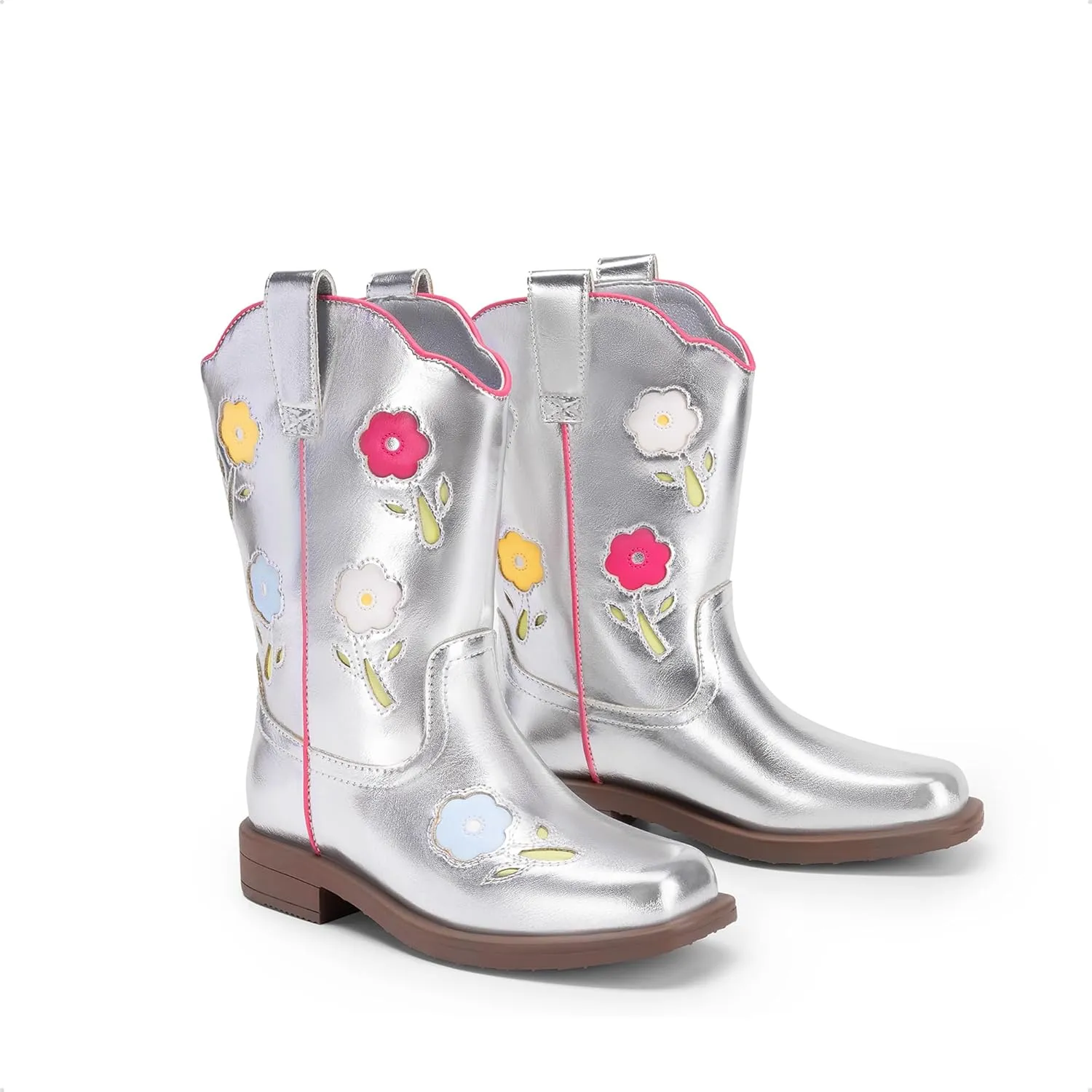 DREAM PAIRS Girls Cowgirl Boots Kids Mid Calf Western Boots Flower Cowboy Boots Square Toe Riding Shoes for Toddler/Little Kid/Big Kid