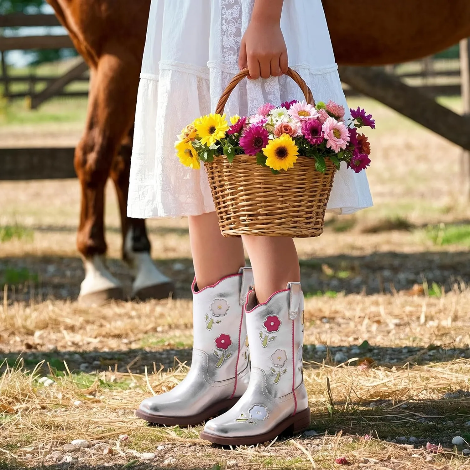 DREAM PAIRS Girls Cowgirl Boots Kids Mid Calf Western Boots Flower Cowboy Boots Square Toe Riding Shoes for Toddler/Little Kid/Big Kid