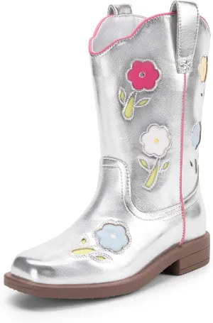 DREAM PAIRS Girls Cowgirl Boots Kids Mid Calf Western Boots Flower Cowboy Boots Square Toe Riding Shoes for Toddler/Little Kid/Big Kid