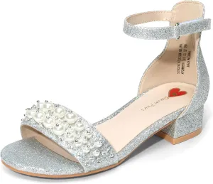 DREAM PAIRS Girls Sandals Low Heel Pump Ankle Strap Pearl Dress Flower Wedding Party Shoes for Little Kid/Big Kid