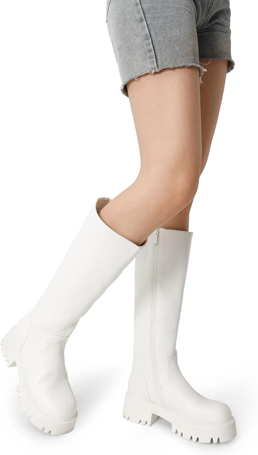 DREAM PAIRS Knee High Boots, Comfortable Chunky Platform Round-Toe Side Zip Boots for Women