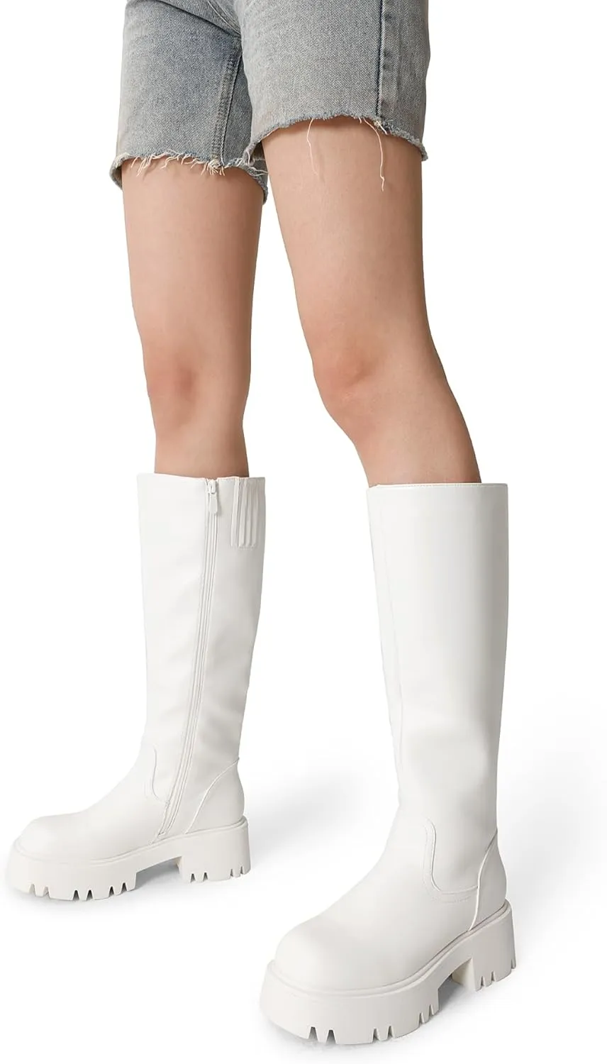 DREAM PAIRS Knee High Boots, Comfortable Chunky Platform Round-Toe Side Zip Boots for Women